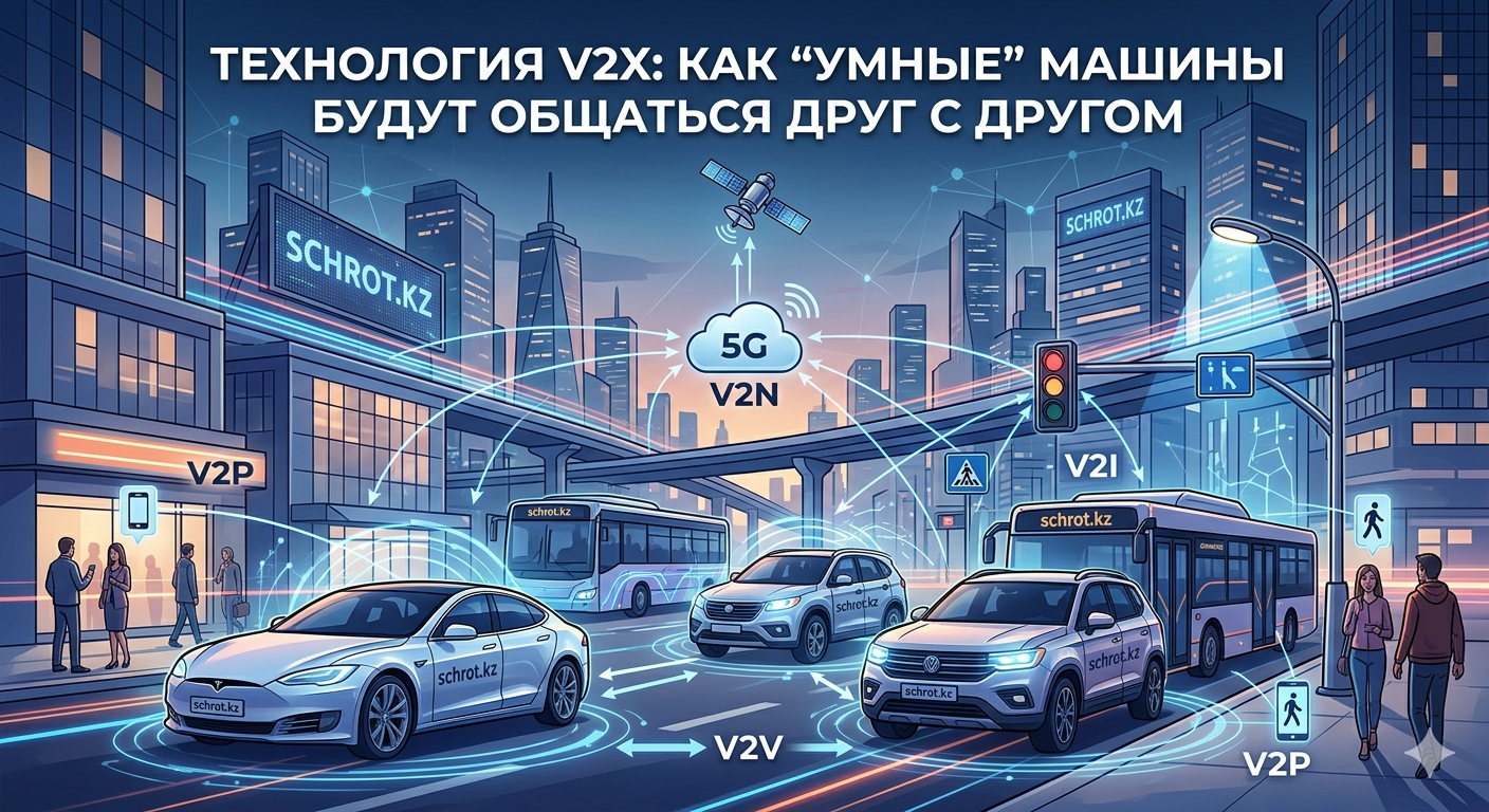 Иллюстрация технологии V2X: подключенные автомобили обмениваются данными друг с другом, инфраструктурой, пешеходами и сетью в современном городе.