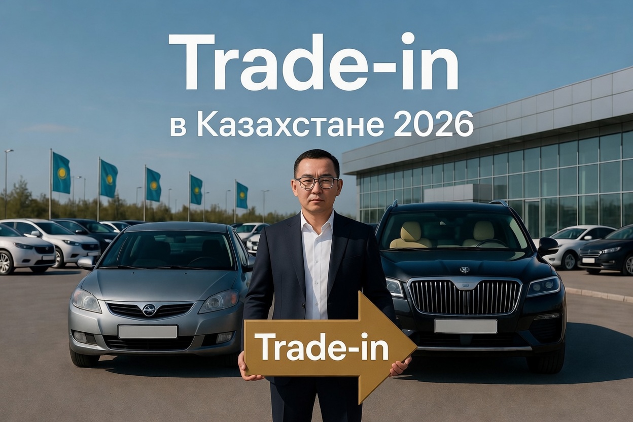 Как работает Trade-in в Казахстане 2026: сдача старого авто и покупка нового в одном салоне. Мужчина в очках у серебристого седана и чёрного кроссовера