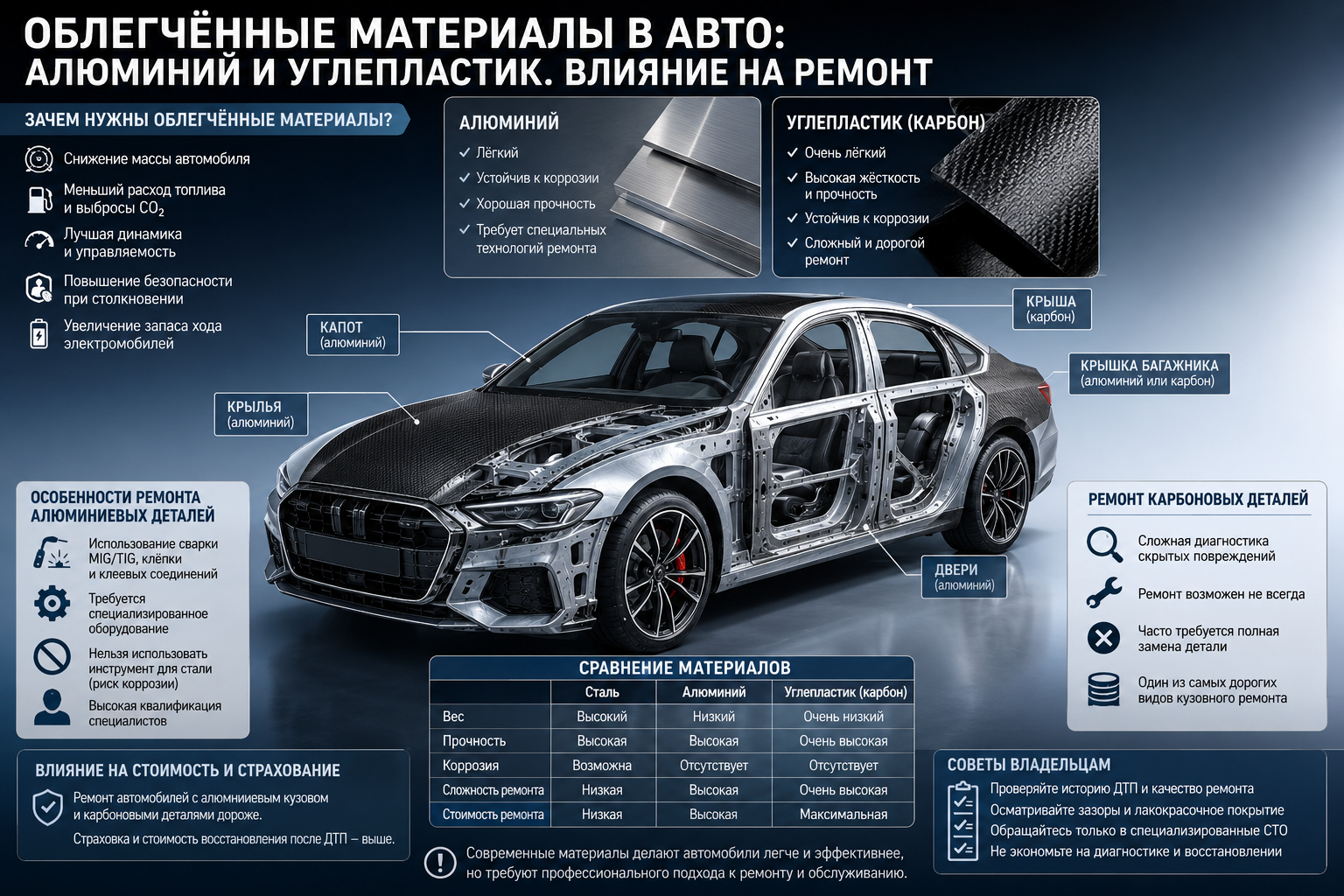 Инфографика об облегчённых материалах в авто: алюминий и углепластик, их свойства, применение и влияние на ремонт, стоимость и эксплуатацию автомобиля.