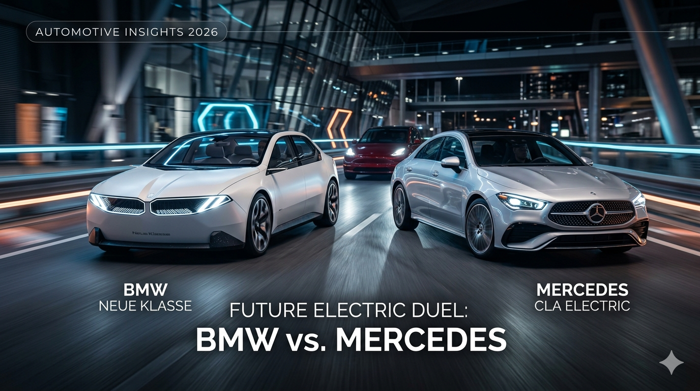 Автомобильный баннер 2026 года: белый электромобиль BMW Neue Klasse и серебристый Mercedes CLA Electric едут на фоне красной Tesla.