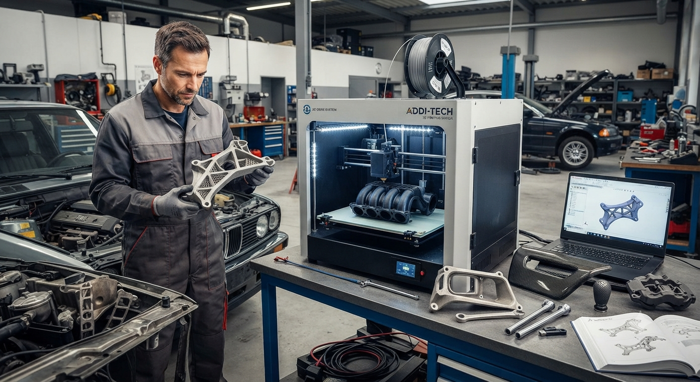 Техник в автосервисе изучает металлическую 3D-деталь рядом с промышленным принтером, который печатает автомобильный коллектор, на столе лежат напечатанные запчасти и ноутбук с 3D-моделью.