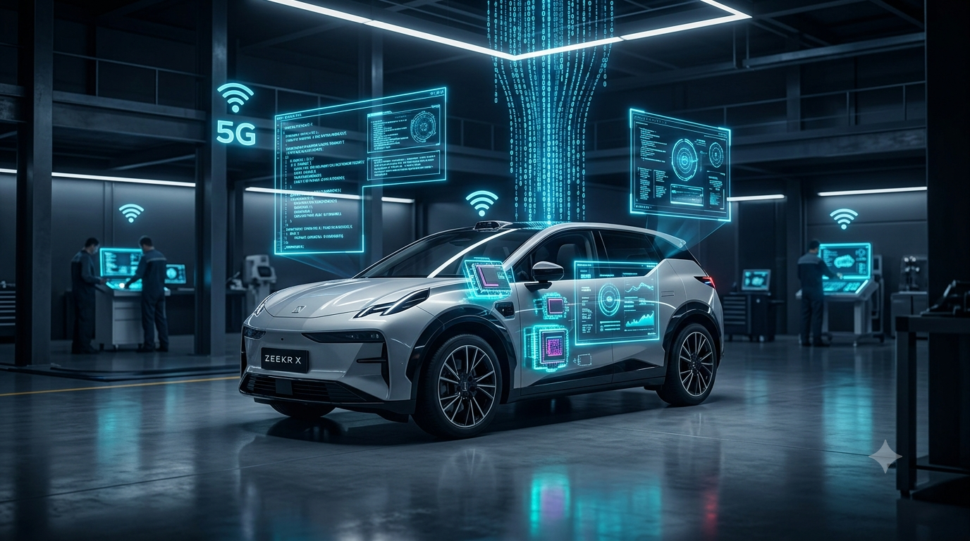 Автомобиль Zeekr X получает OTA-обновление через 5G в хай-тек гараже с голограммами.
