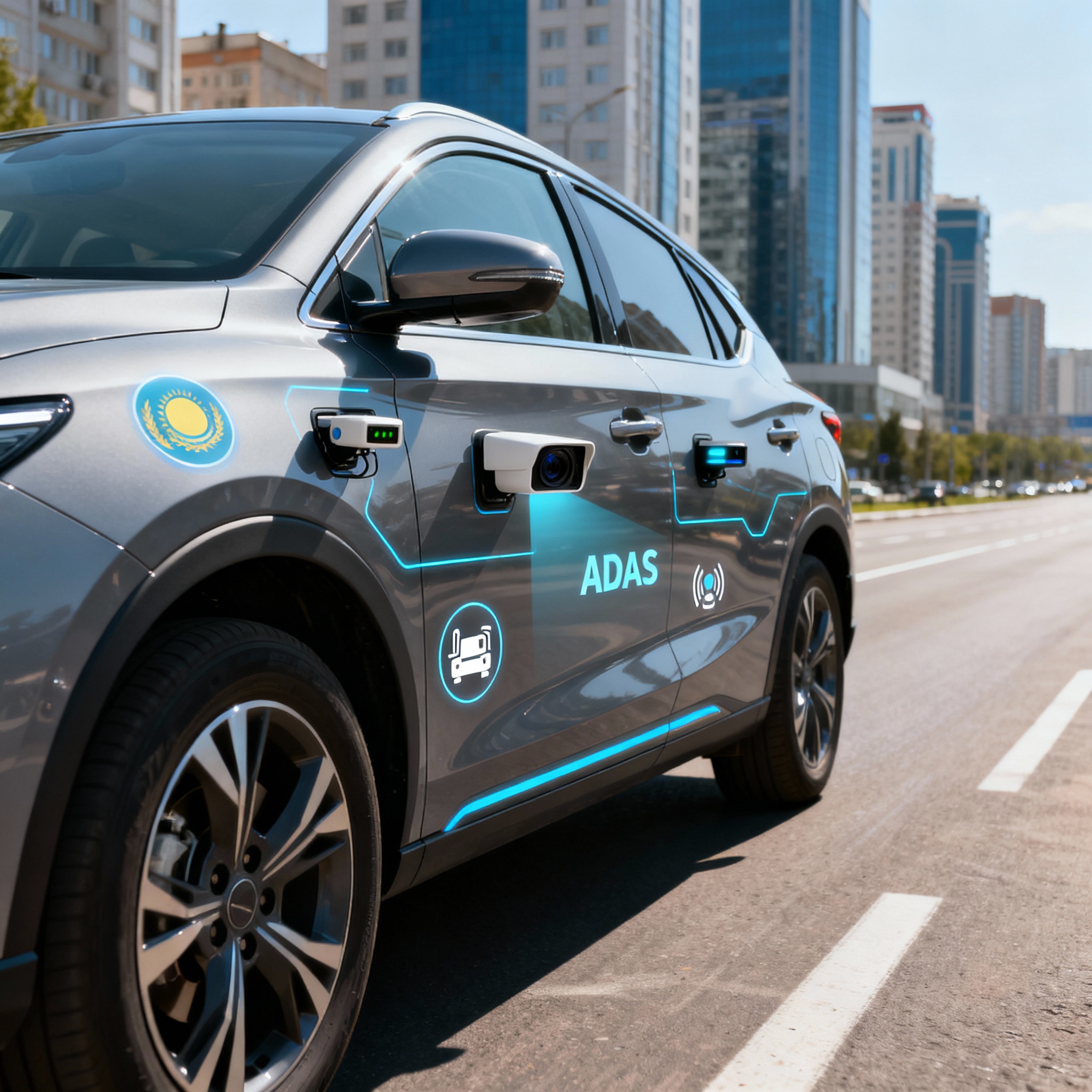 Современный автомобиль с иконками датчиков ADAS на фоне города Казахстана, подчеркивающий технологии безопасности и комфорта