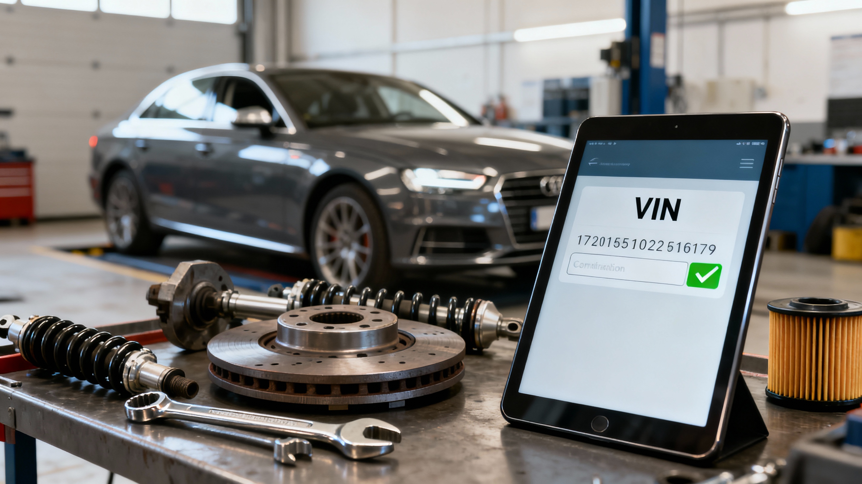 Авто в сервисе, на столе детали и телефон с VIN-кодом и зелёной галочкой проверки совместимости